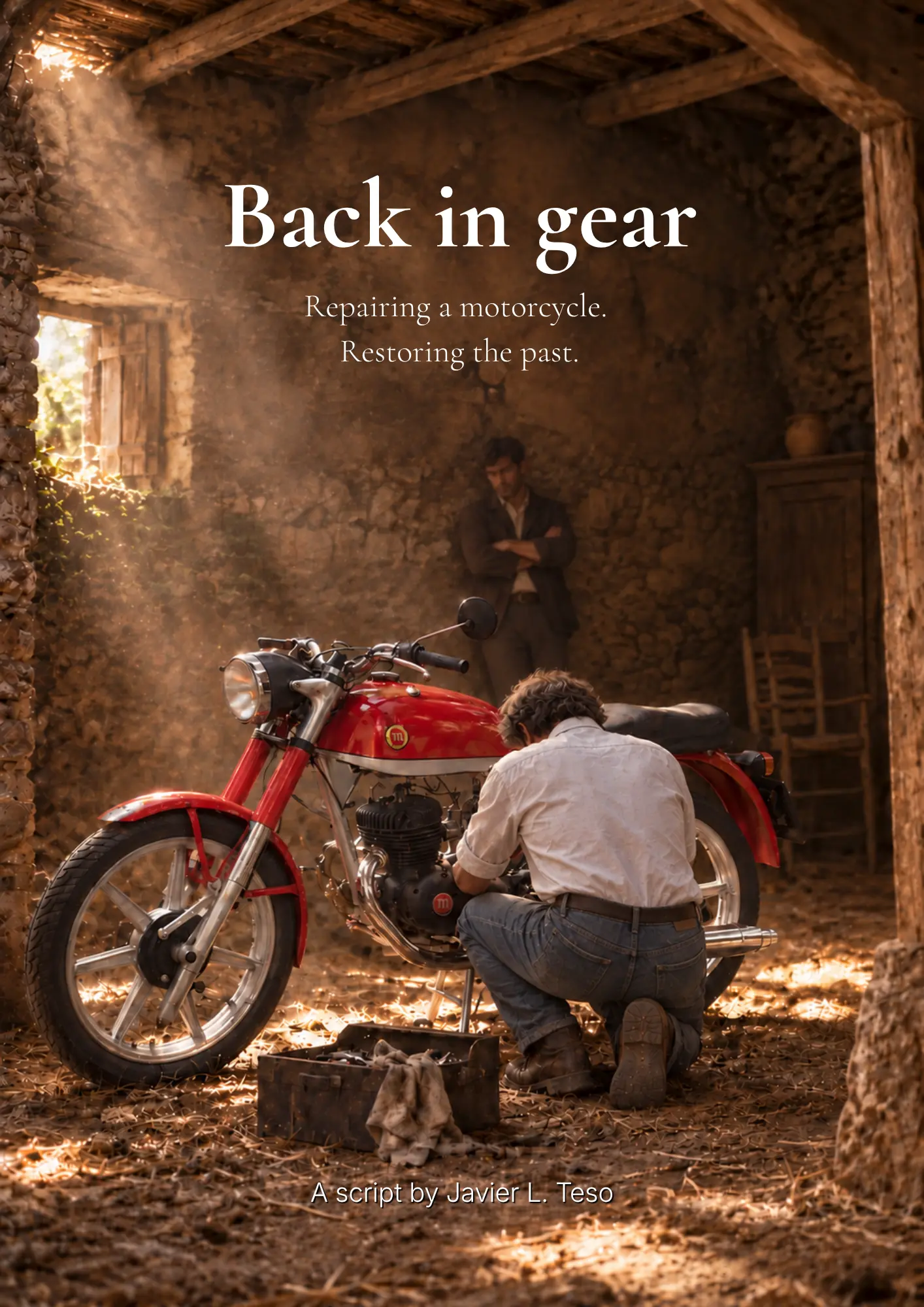 Concept poster for Back in Gear: one brother repairs the red Montesa while the other watches from the barn.