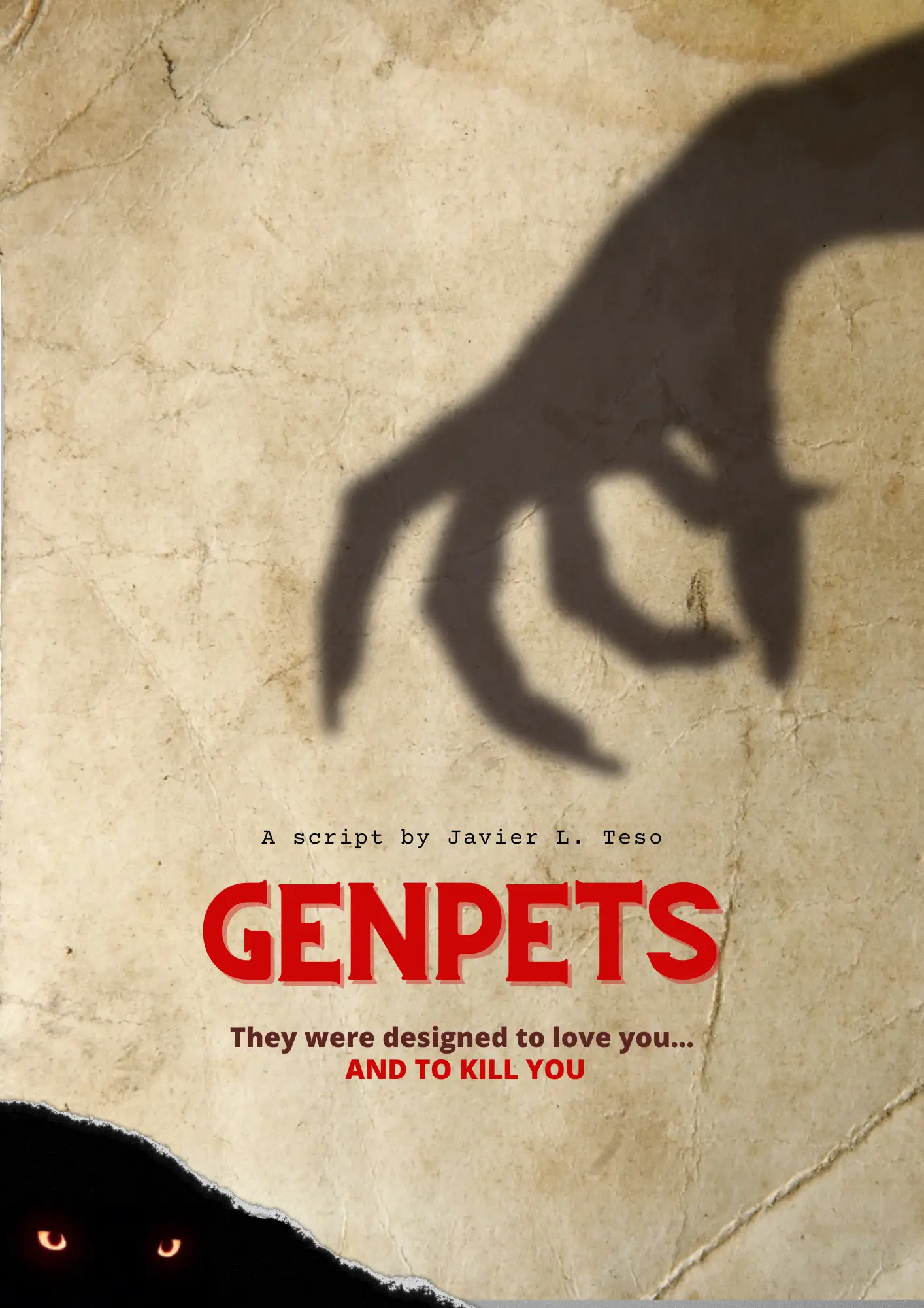 Concept poster for Genpets: an unknown creature casts a shadow while two eyes watch from beneath torn paper.