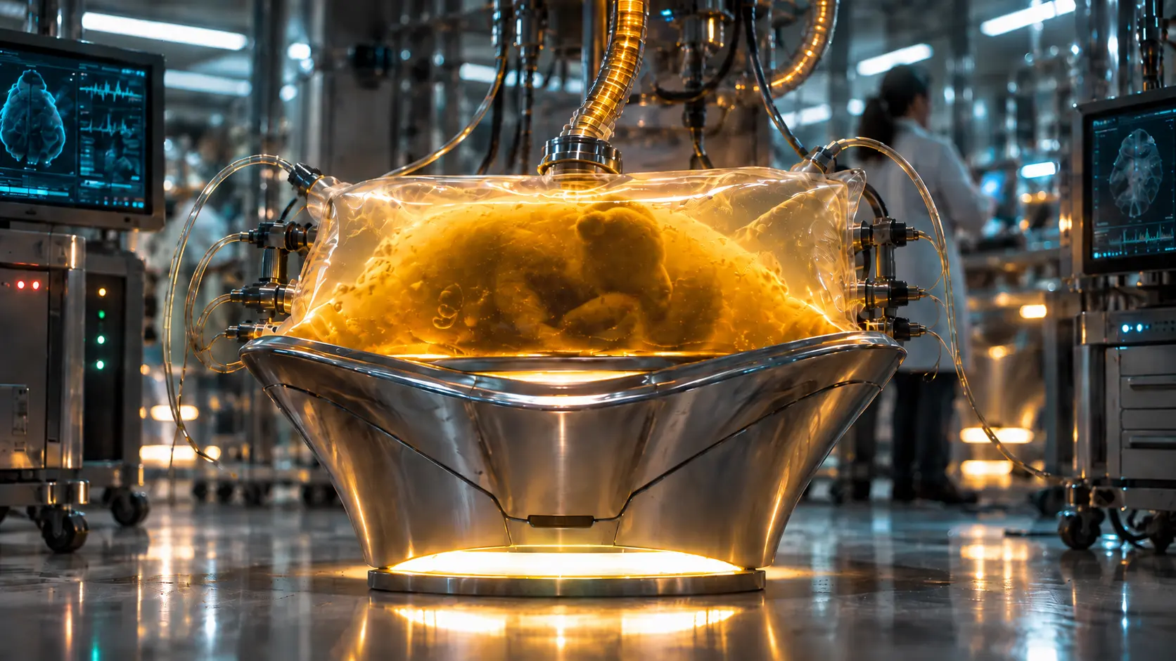 A Genpet embryo rests inside an amber-filled transparent bag in the laboratory cryocot.