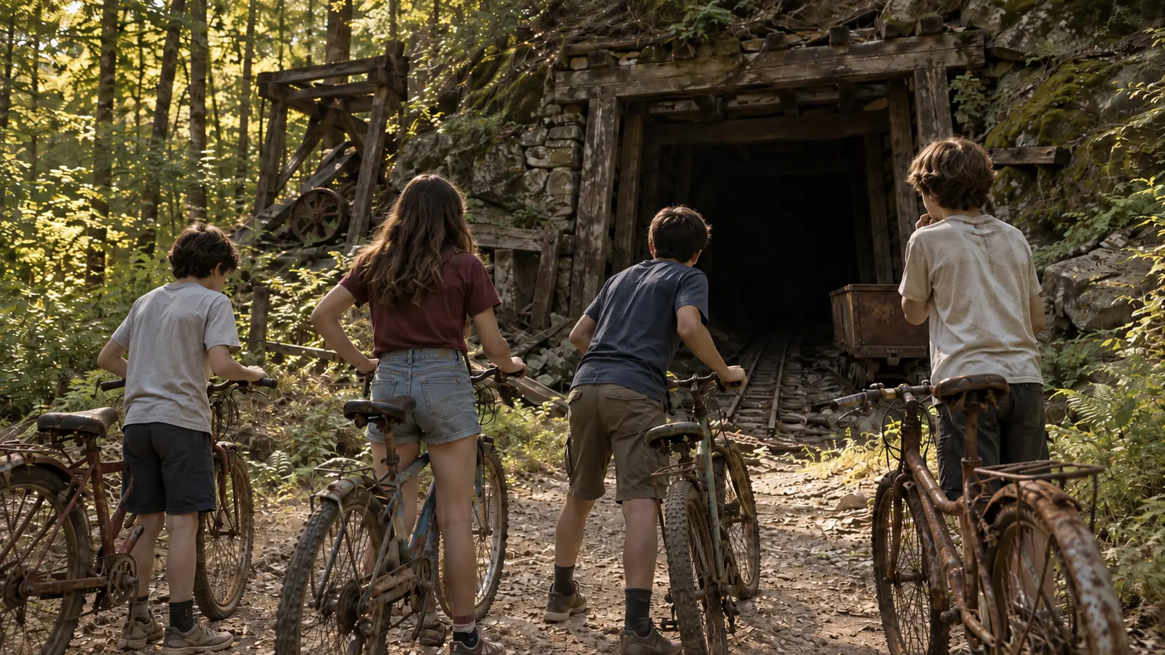 Four friends leave their bicycles outside an abandoned mine.