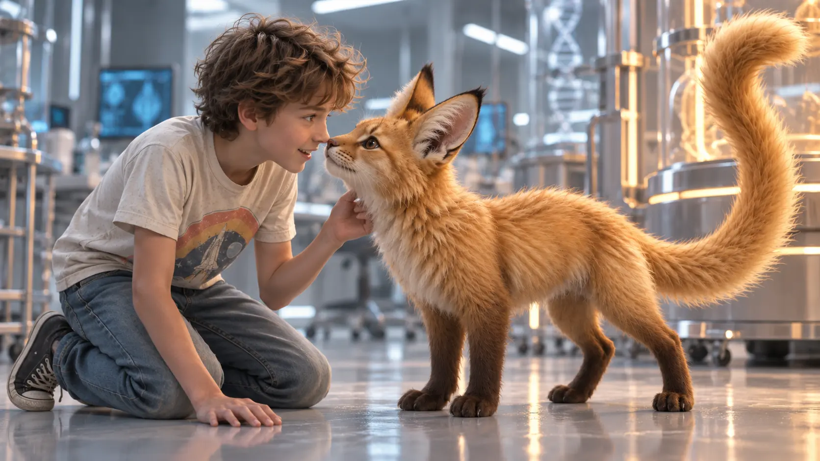 Steve kneels face to face with Cuddles inside the laboratory.