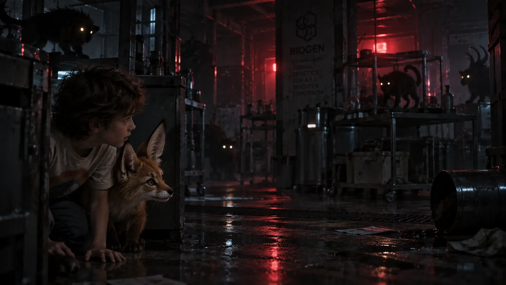 Steve and Cuddles hide from escaped Genpets inside the dark laboratory.
