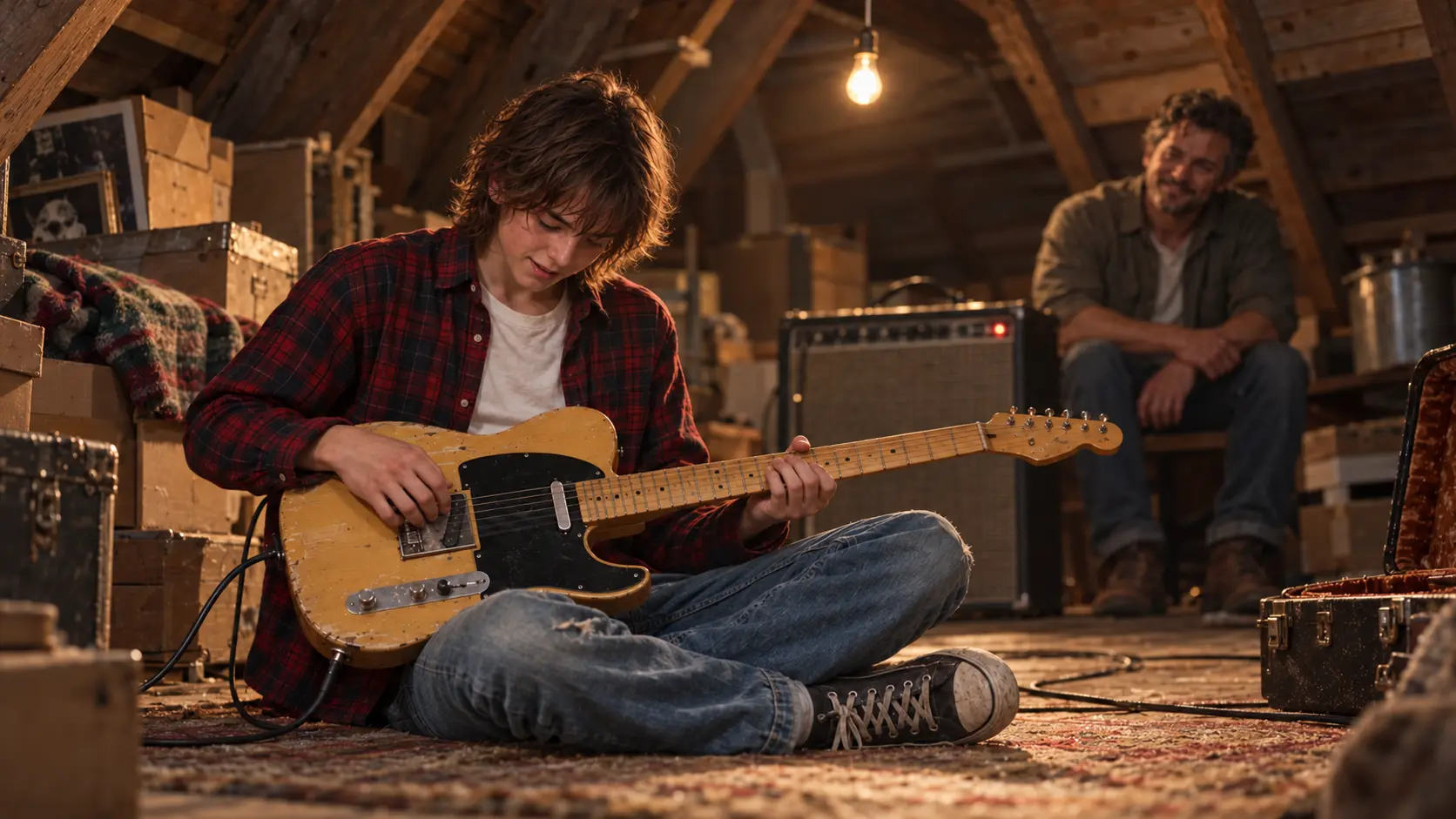 Jimmy’s father teaches him a chord on an old Telecaster.