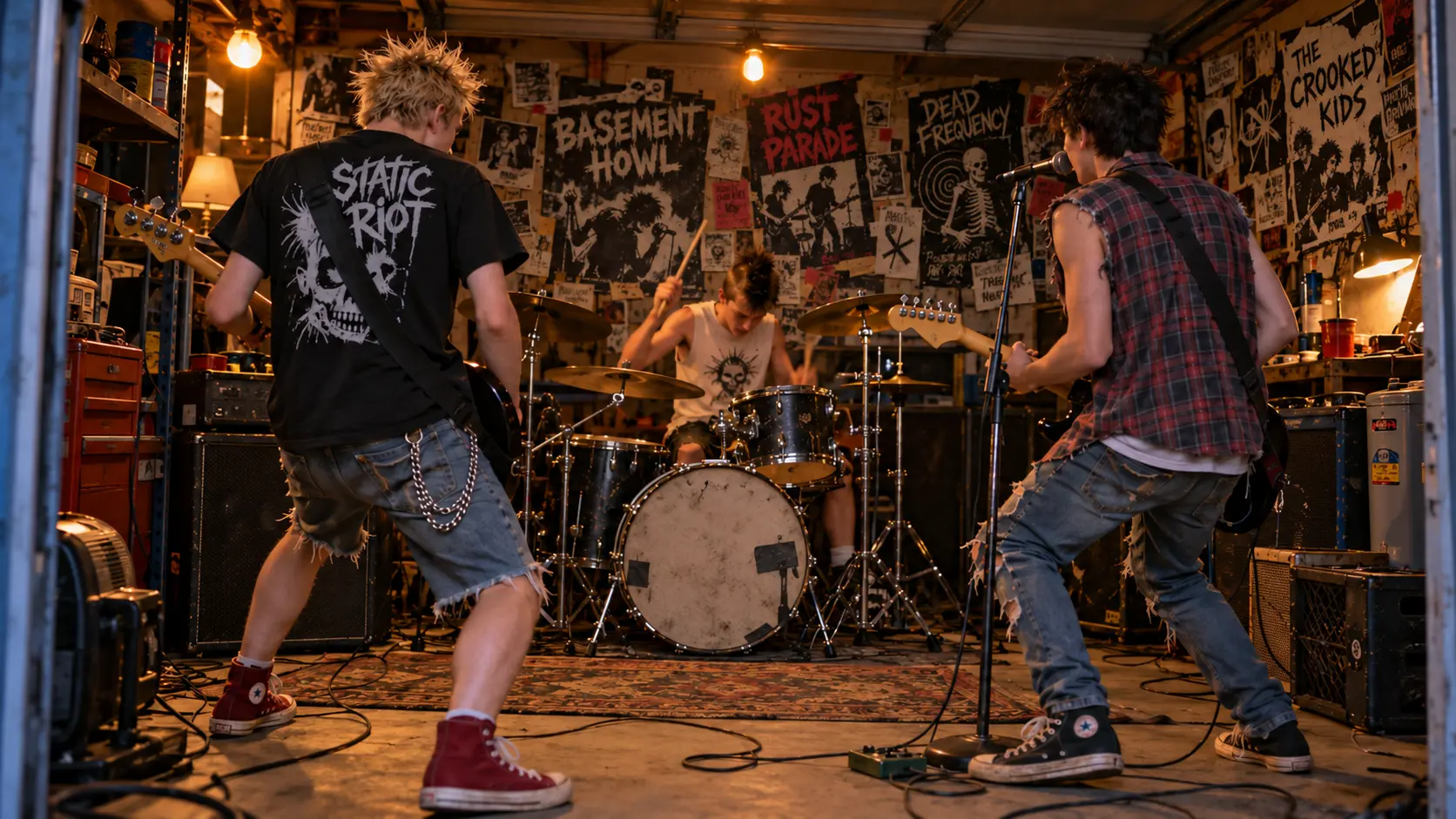 Jimmy, Danny and TT rehearse among amplifiers and punk posters in the garage.