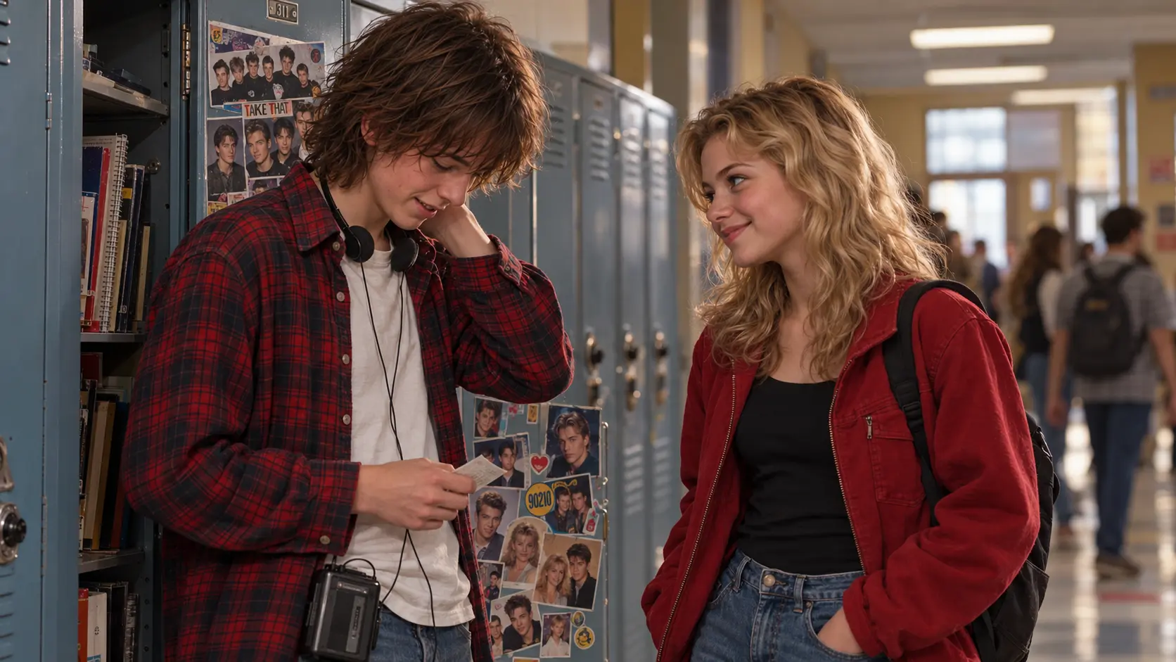 Jimmy and Sherry talk beside the high-school lockers.