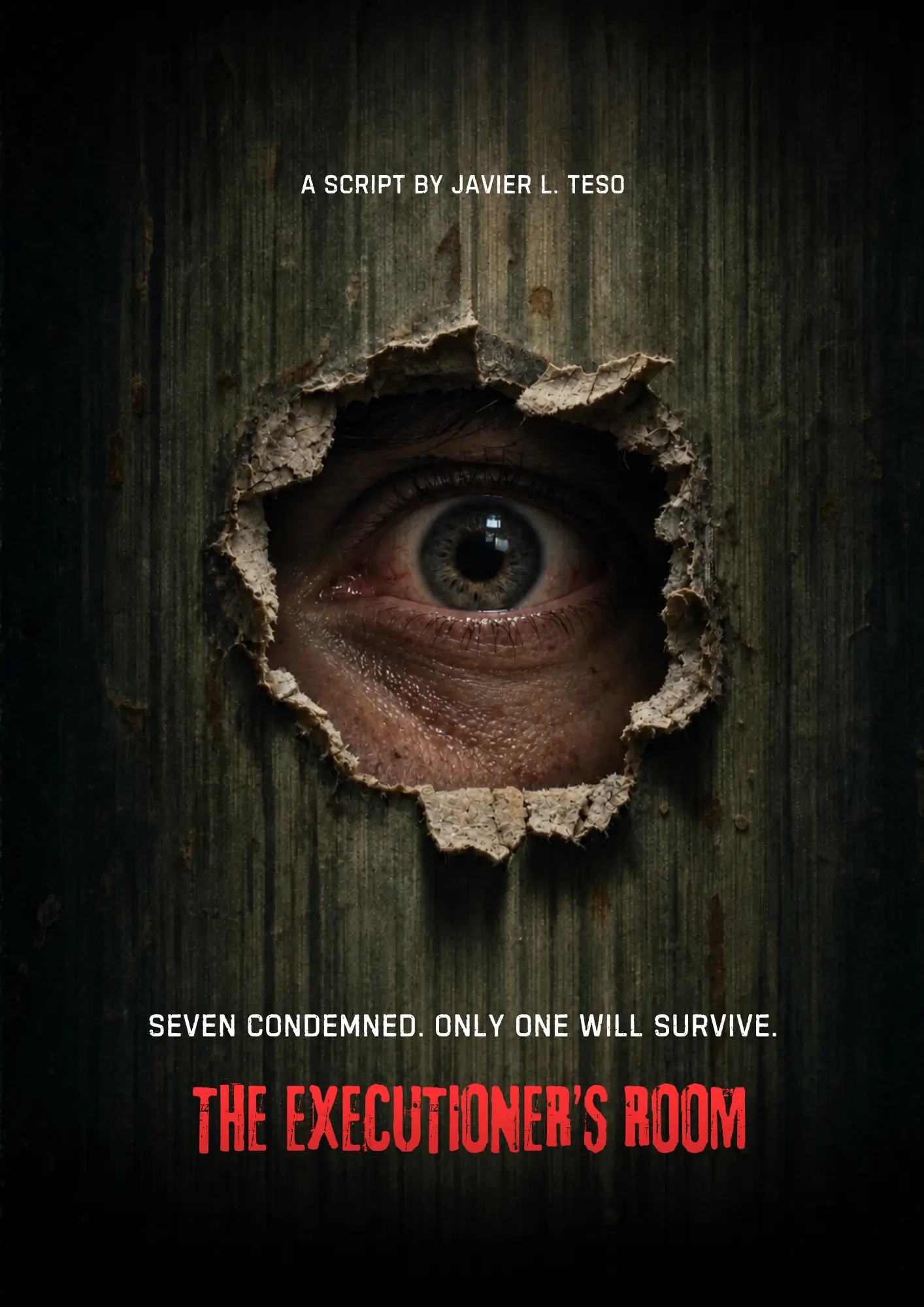 Concept poster for The Executioner's Room: an eye watches through a hole in a dark motel wall.
