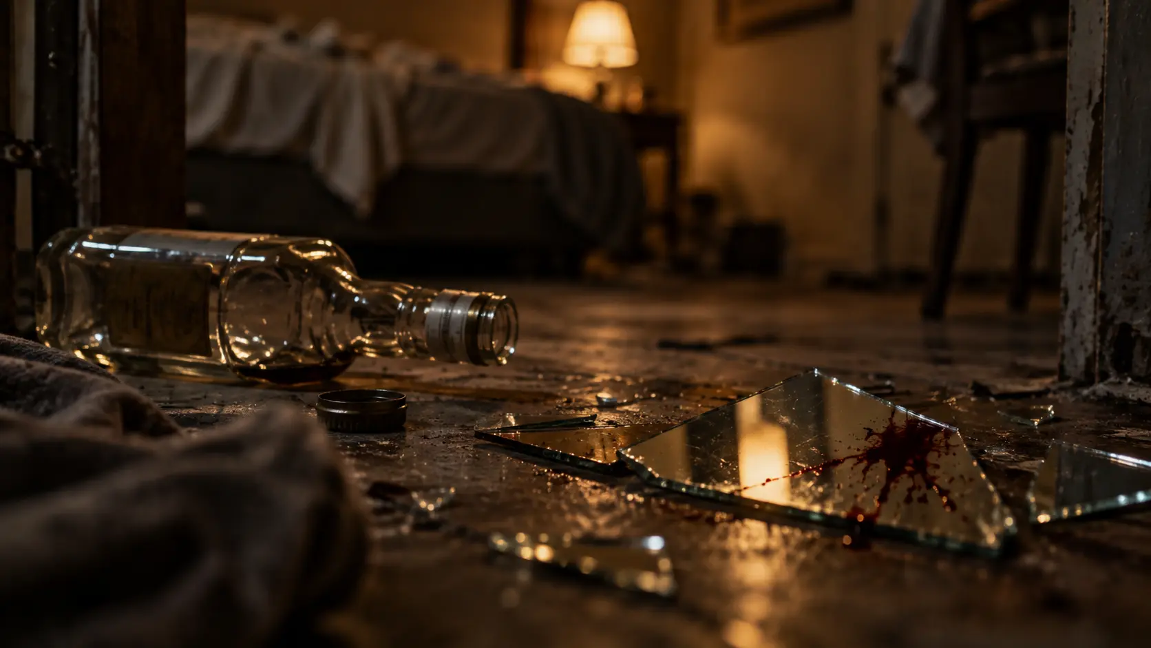 An empty bottle lies beside a broken mirror on the motel floor.