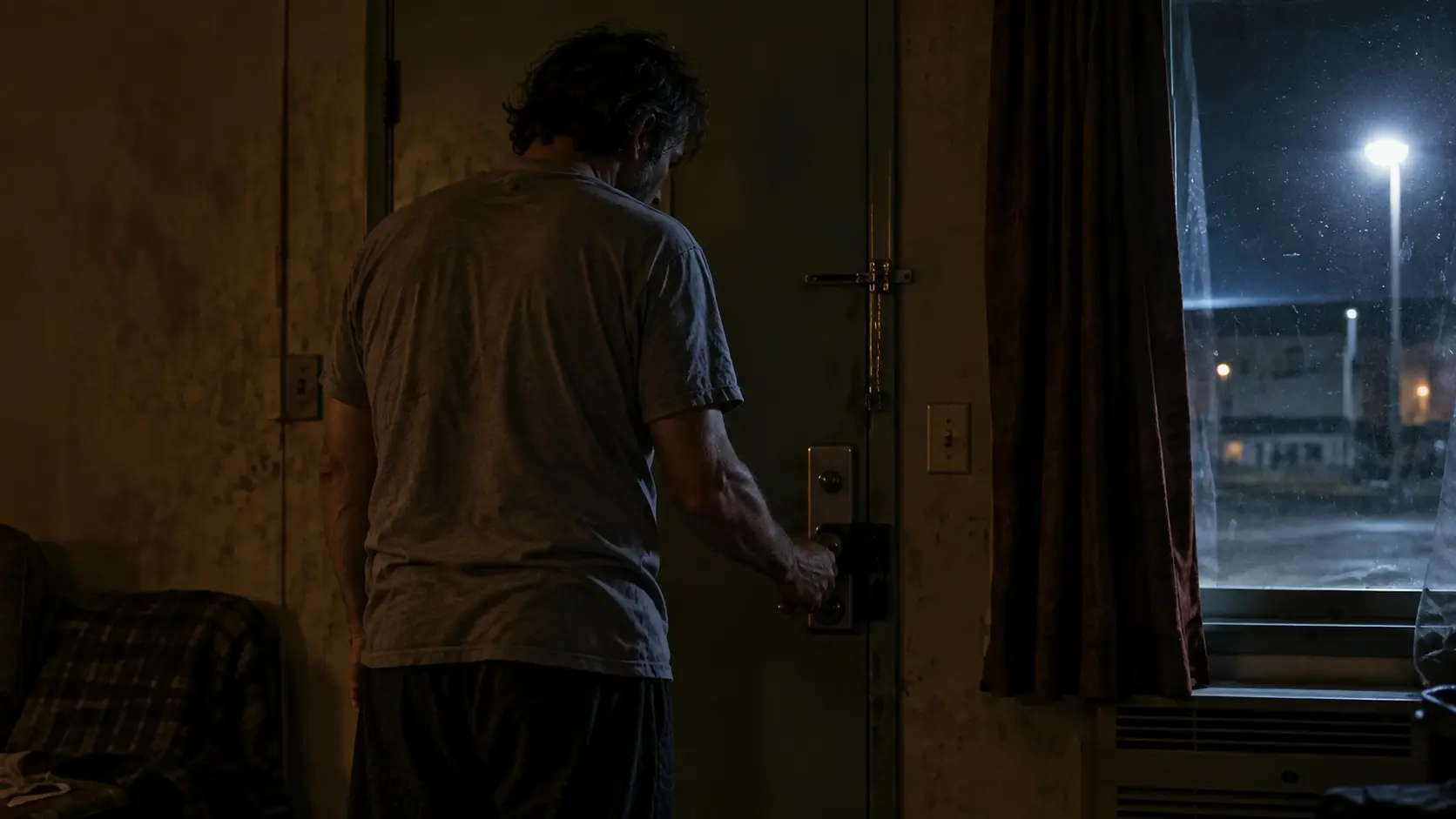 Víctor grips the motel room door handle, hesitating before opening it.