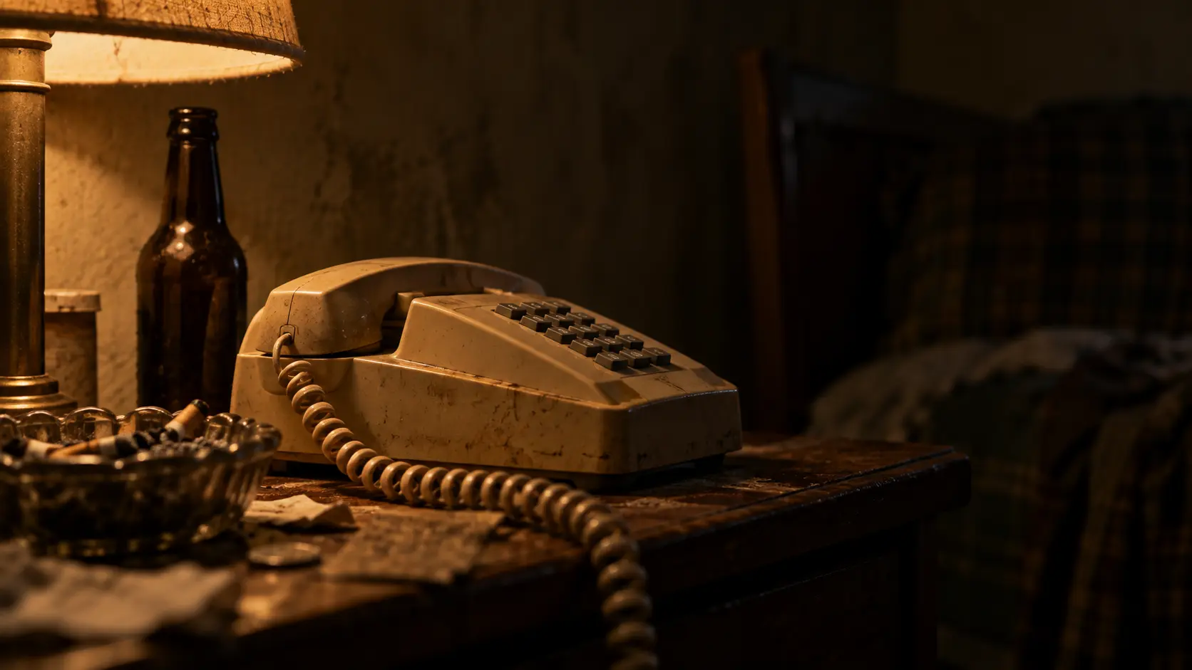 A telephone waits on the bedside table in Víctor's motel room.
