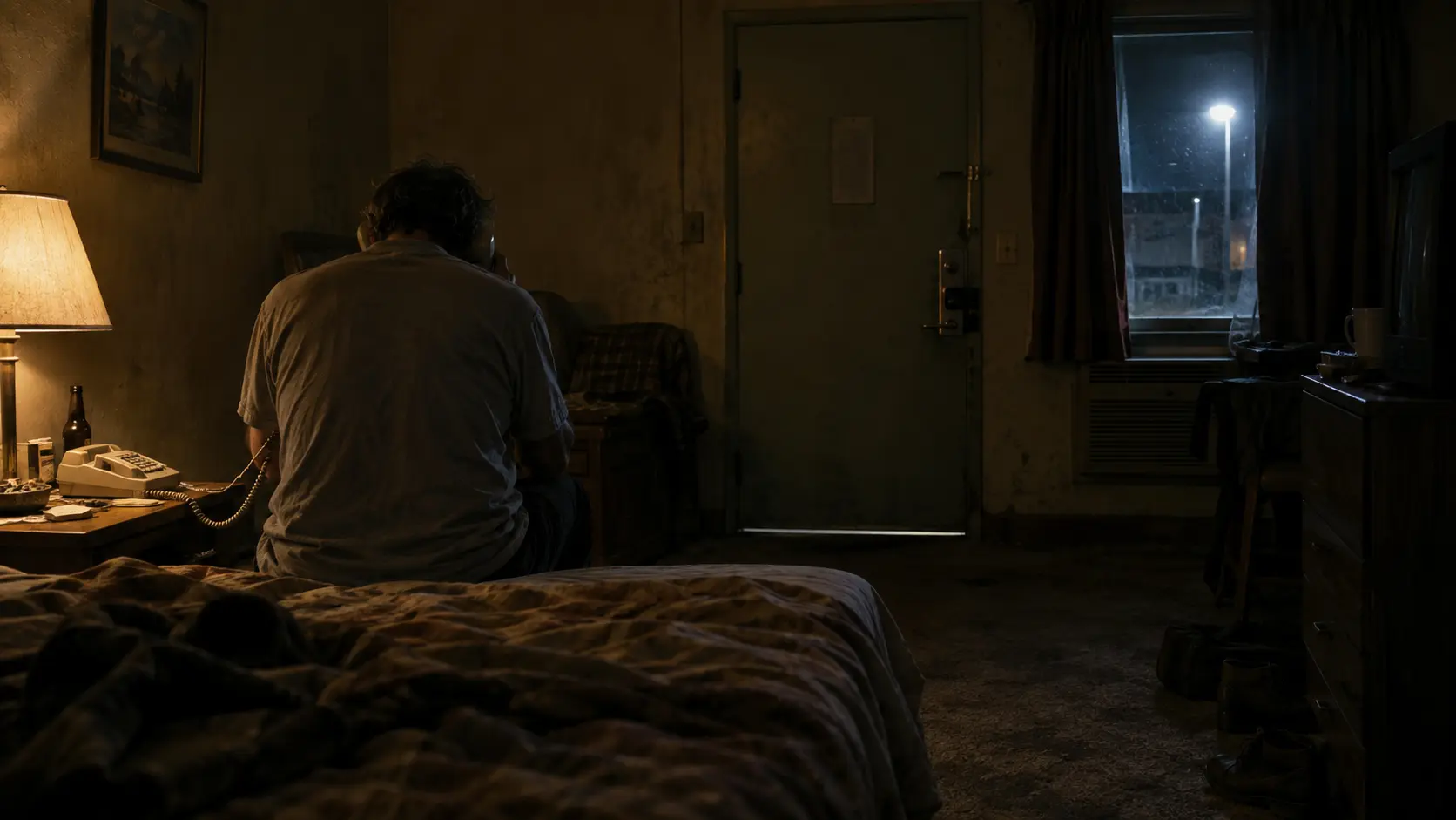 Víctor sits with his back to us on a motel bed beside the telephone.