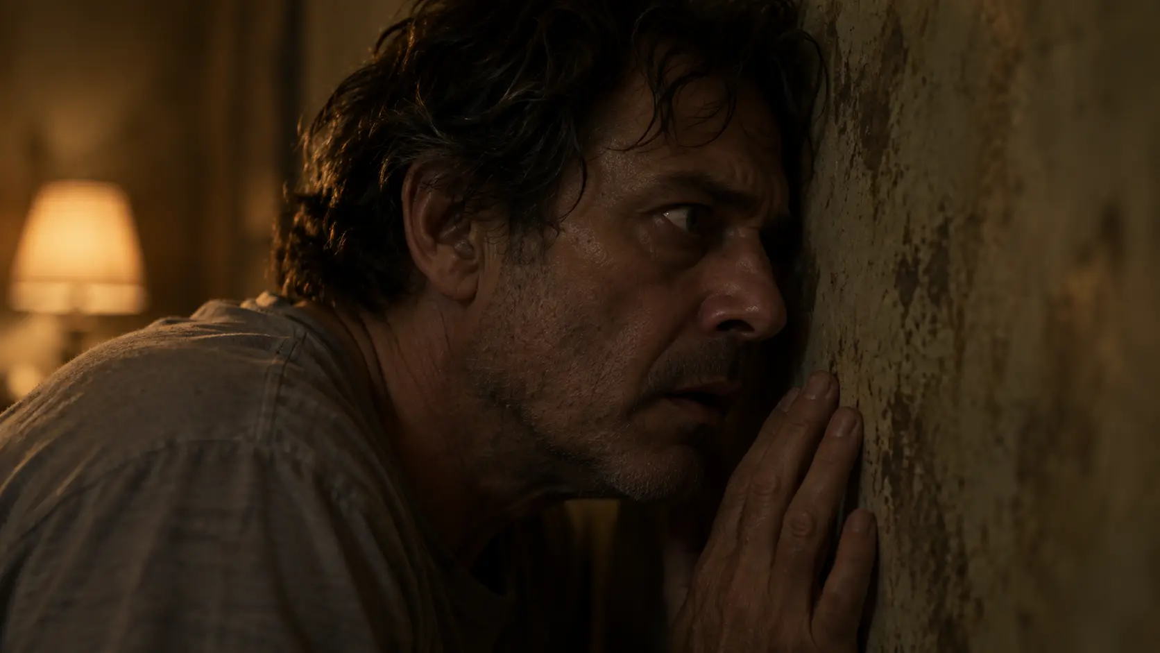 Víctor presses his ear to the motel wall, listening in fear.