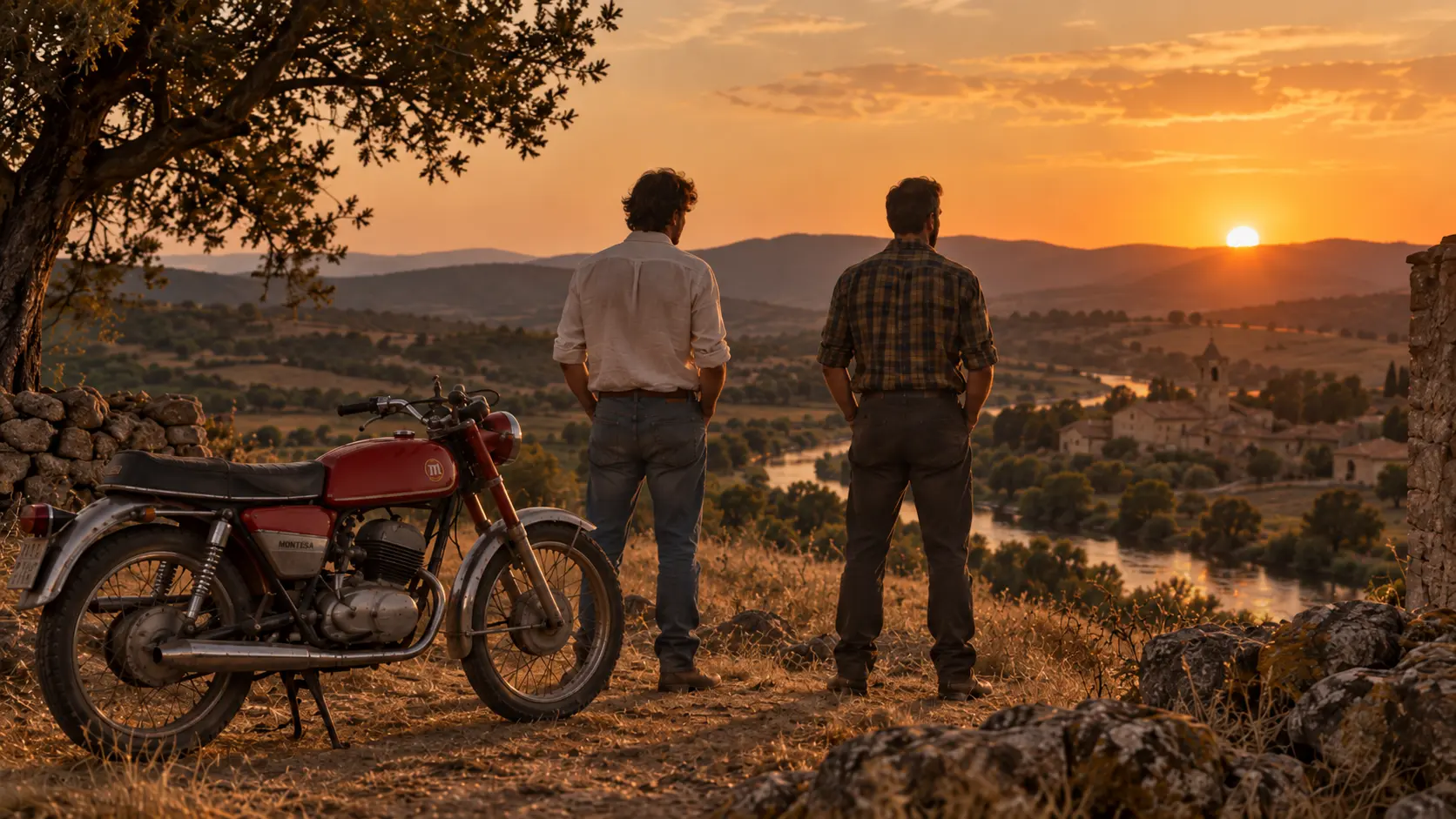 Toño and Felipe overlook the valley at sunset beside the Montesa Impala 2.