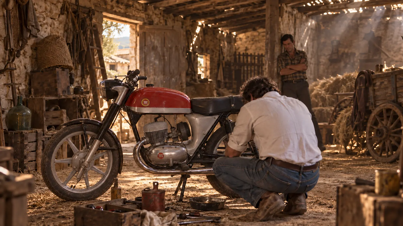 Toño repairs the Montesa in the family corral while Felipe watches from the background.