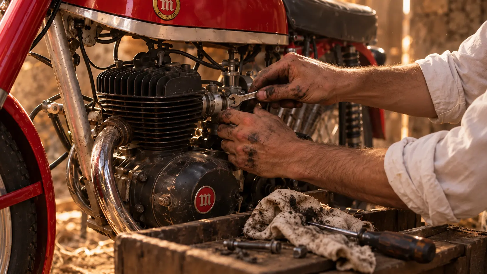 Grease-stained hands work on the engine of the Montesa Impala 2.