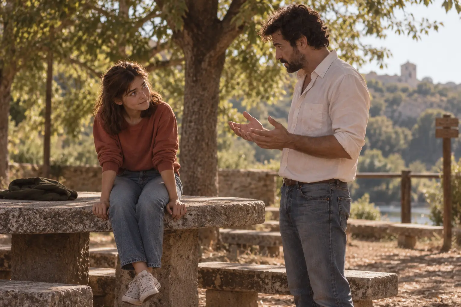 Toño talks with Elena at a rural picnic area.